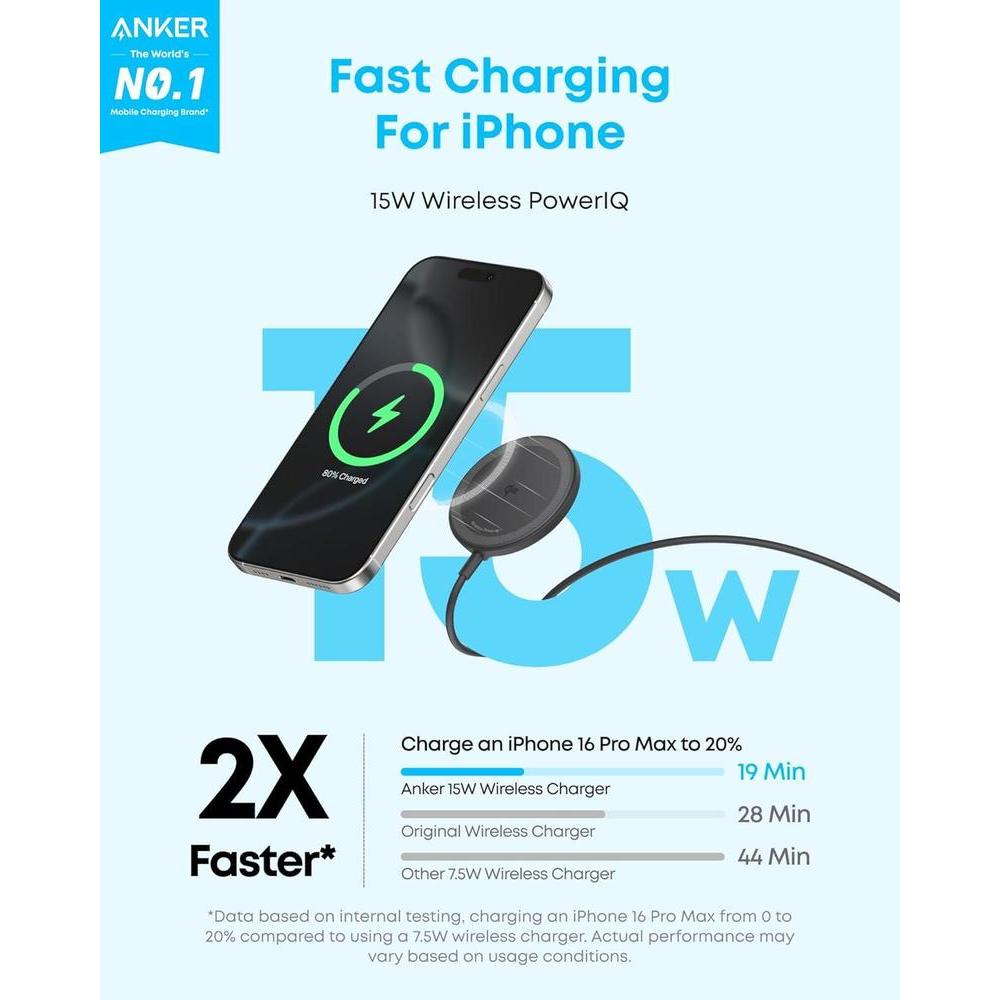 Anker Zolo Cargador inalámbrico magnético con certificación Qi2 de 15W, compatible con MagSafe para iPhone y AirPods