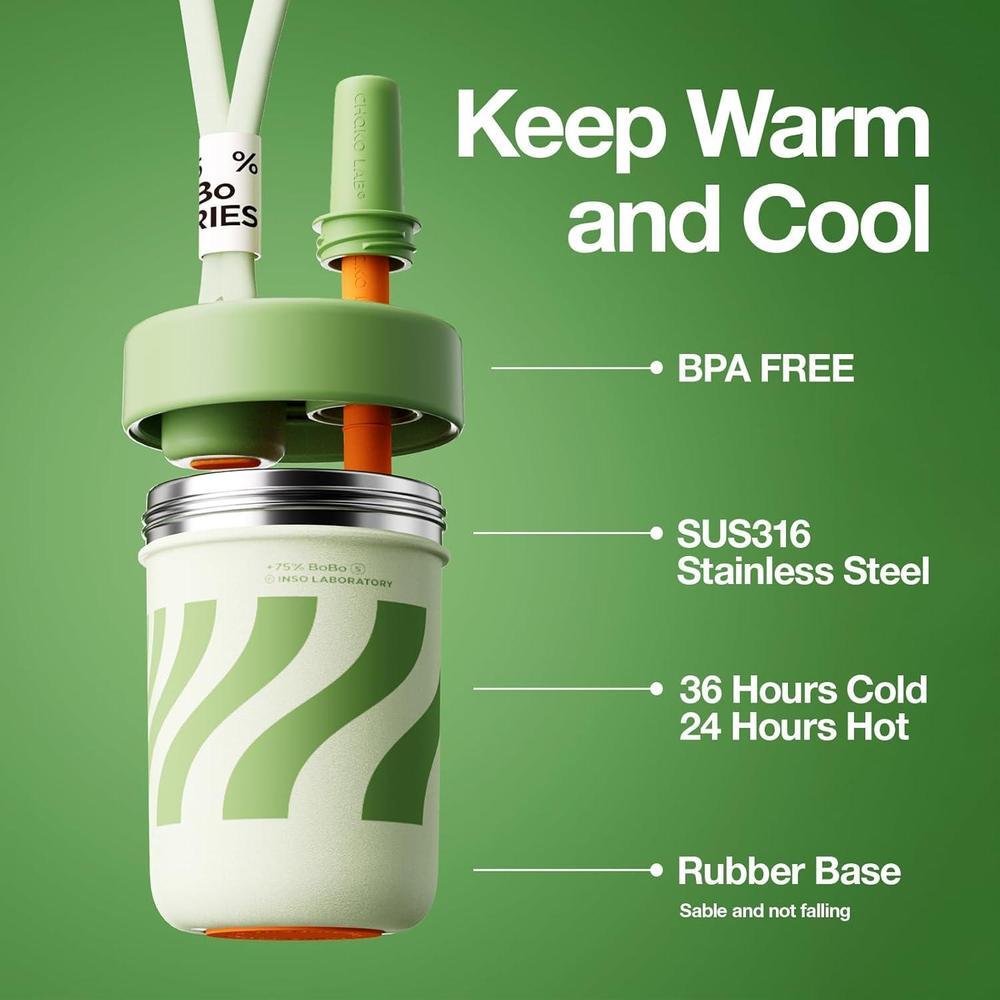 Botella de agua para niños con cuerda de transporte y correas, forro de cerámica, dos opciones de transporte, verde aguacate