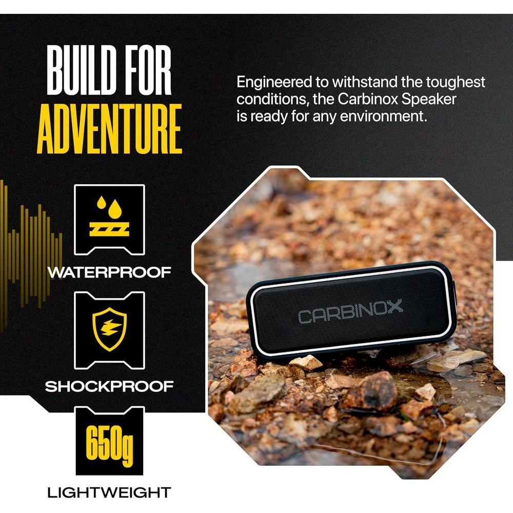 Altavoz Bluetooth portátil CARBINOX con impermeabilidad IPX7, carga rápida usb-C, sonido 3D, color negro