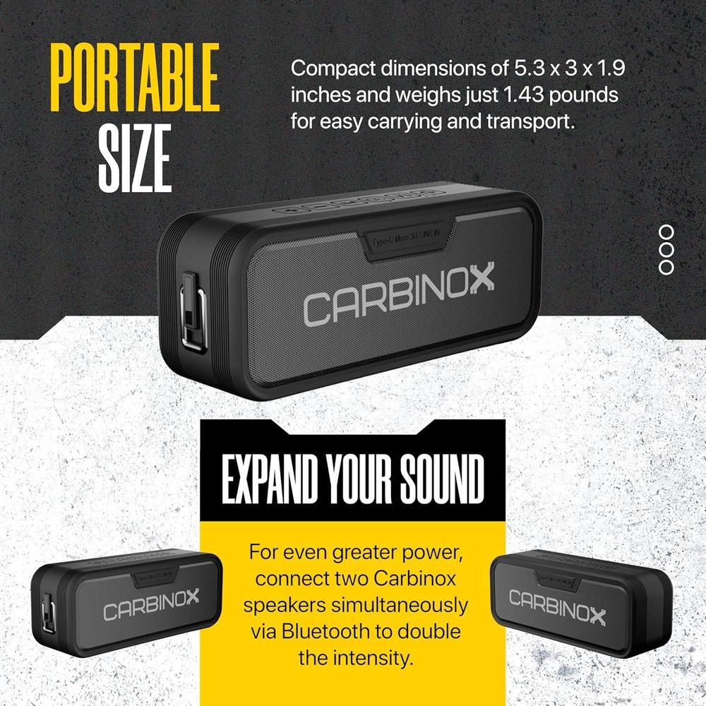 Altavoz Bluetooth portátil CARBINOX con impermeabilidad IPX7, carga rápida usb-C, sonido 3D, color negro