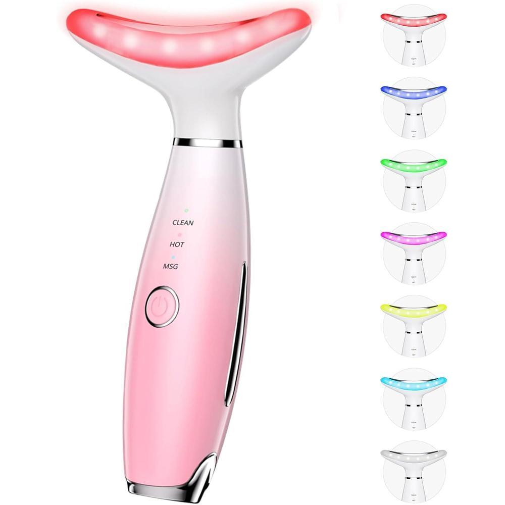 Máquinas Galvanicas de 7 Colores - Terapia de Luz Roja para Cara y Cuello, Herramienta de Masaje Facial para Arrugas, Mentón Doble, Masajeador Facial Vibrador con Termales, Rosa