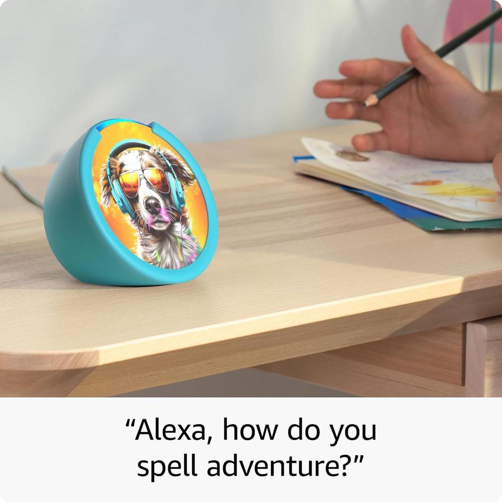 Amazon Echo Pop Kids último modelo, diseñado para niños con control parental, incluye 6 meses de Amazon Kids+