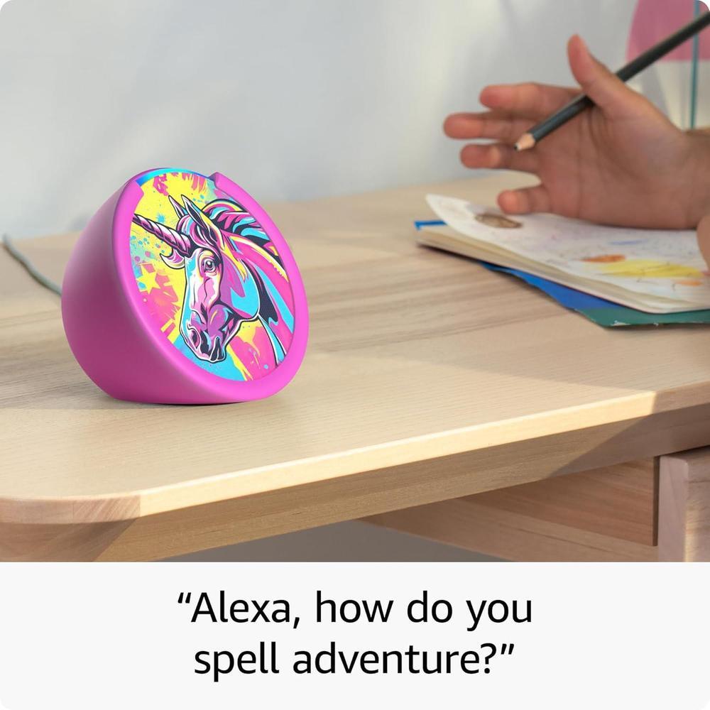 Amazon Echo Pop Kids, diseñado para niños, con control parental y 6 meses de Amazon Kids+, diseño Unicorn