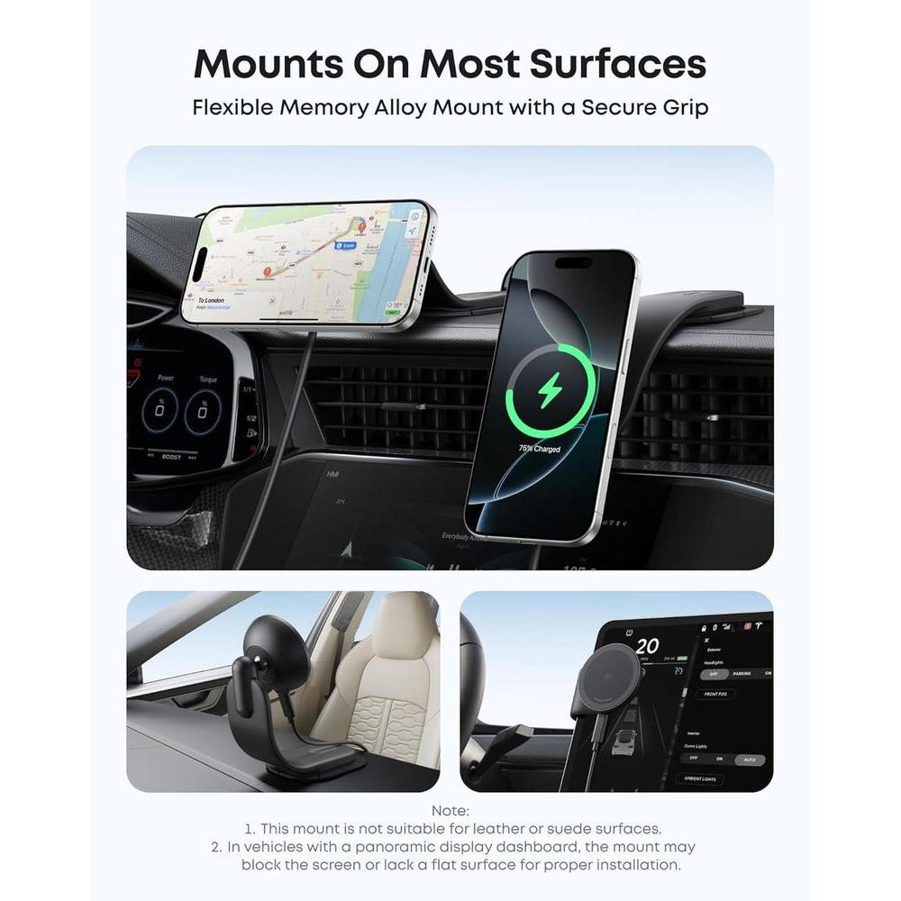 Cargador inalámbrico magnético para coche Anker, montaje ajustable 360°, 15 W Qi2 certificado con soporte de aleación para iPhone