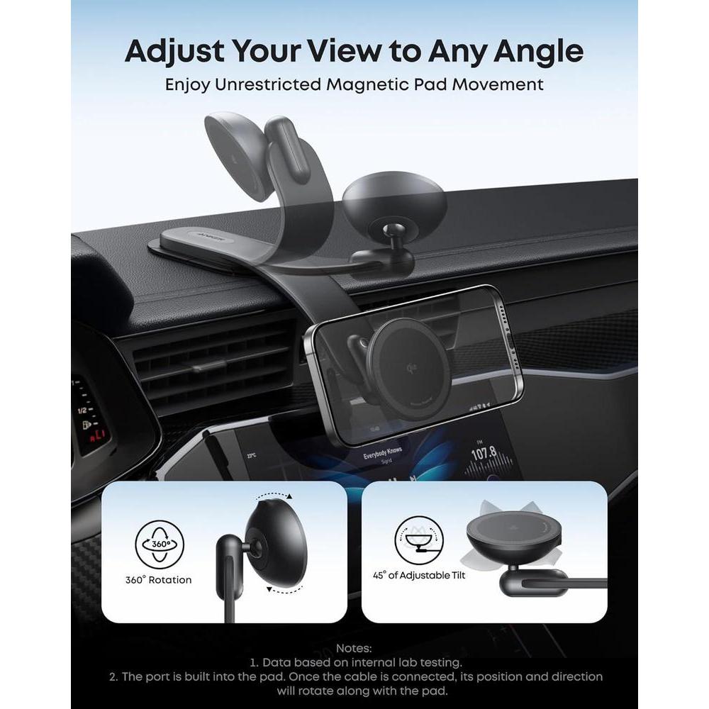 Cargador inalámbrico magnético para coche Anker, montaje ajustable 360°, 15 W Qi2 certificado con soporte de aleación para iPhone