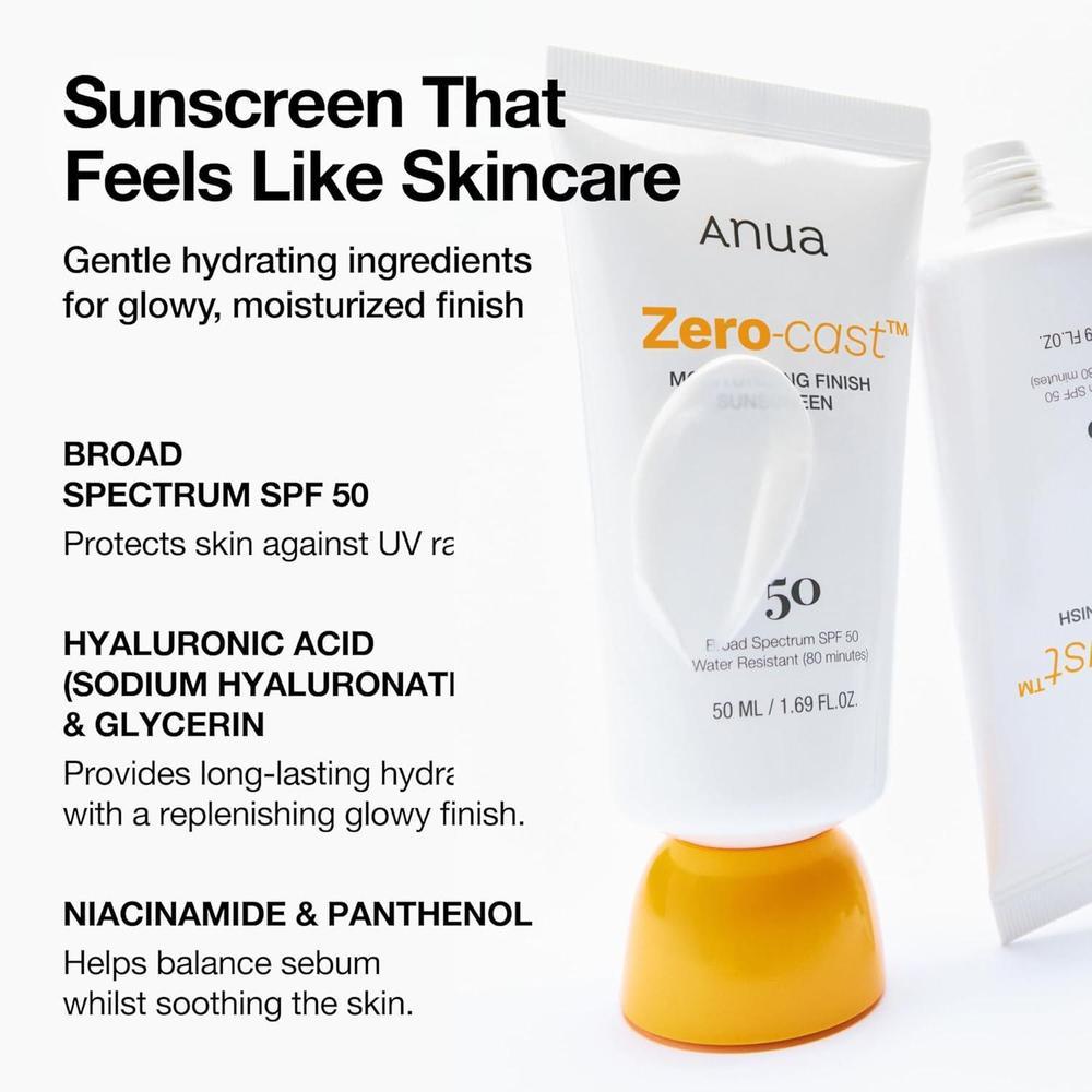 Anua Protector Solar Hidratante SPF 50 sin fundición, brillante natural, sin yeso blanco, con ácido hialurónico, niacinamida, ideal para rostro