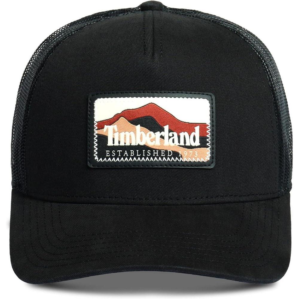 Gorra de hombre Timberland diseño camionero con parche montaña, ajuste de broche y banda anti-humedad