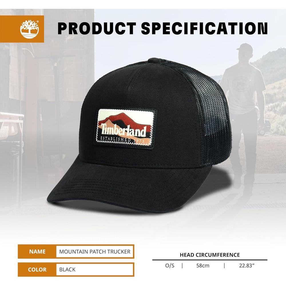 Gorra de hombre Timberland diseño camionero con parche montaña, ajuste de broche y banda anti-humedad