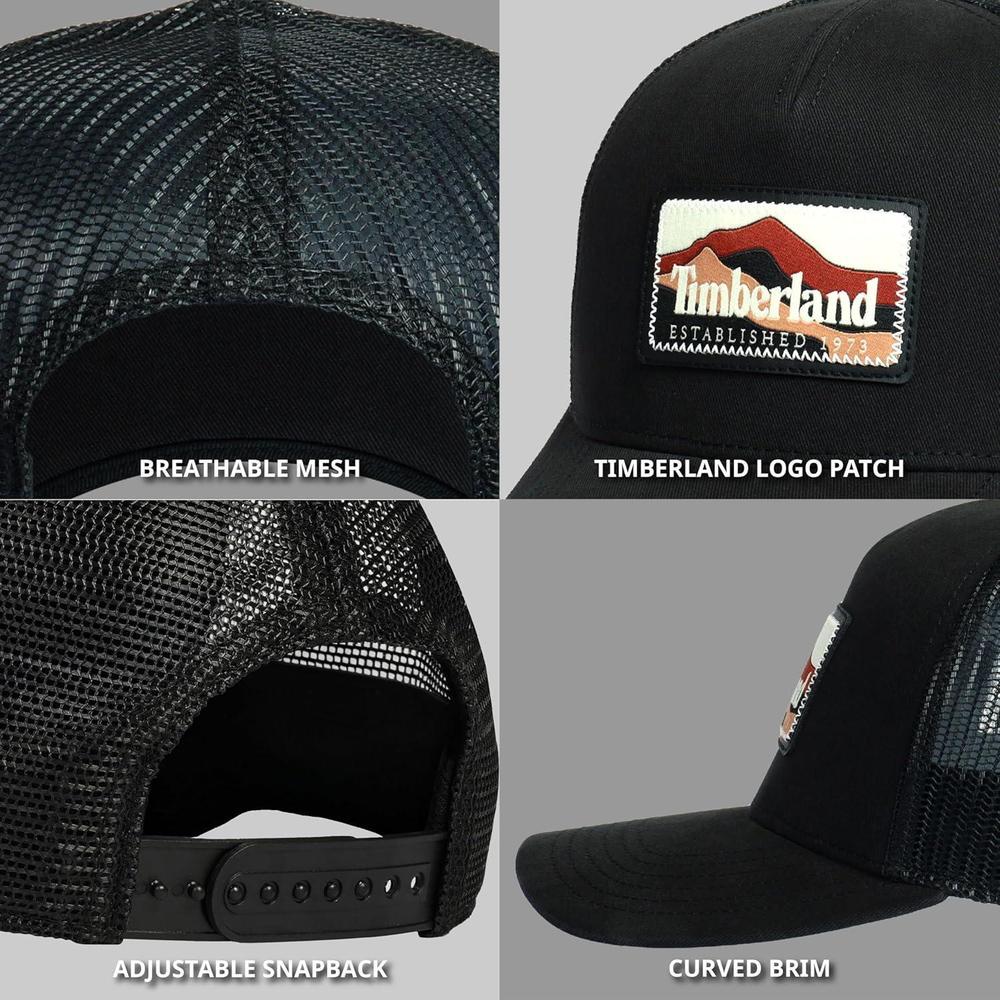 Gorra de hombre Timberland diseño camionero con parche montaña, ajuste de broche y banda anti-humedad