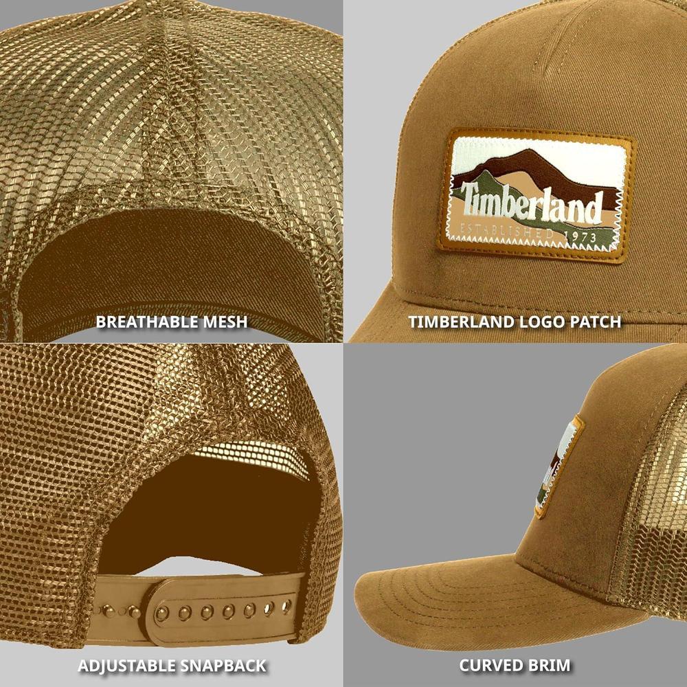 Gorra Timberland para hombre, diseño Trucker con parche de montaña, ajuste de malla y visera curva