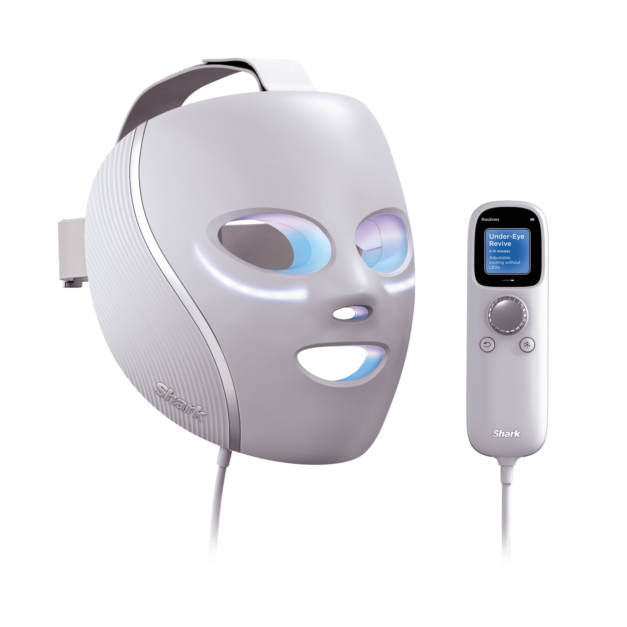 Mascarilla facial LED Shark CryoGlow con enfriamiento debajo de los ojos, antienvejecimiento y reparación de imperfecciones, LED rojo y azul, terapia de luz infrarroja, USB-C, control remoto, bolsa de