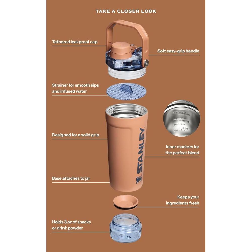 Stanley Activate Botella Shaker de acero inoxidable, almacenamiento de base, tapa de flujo rápido. Perfecta para proteínas