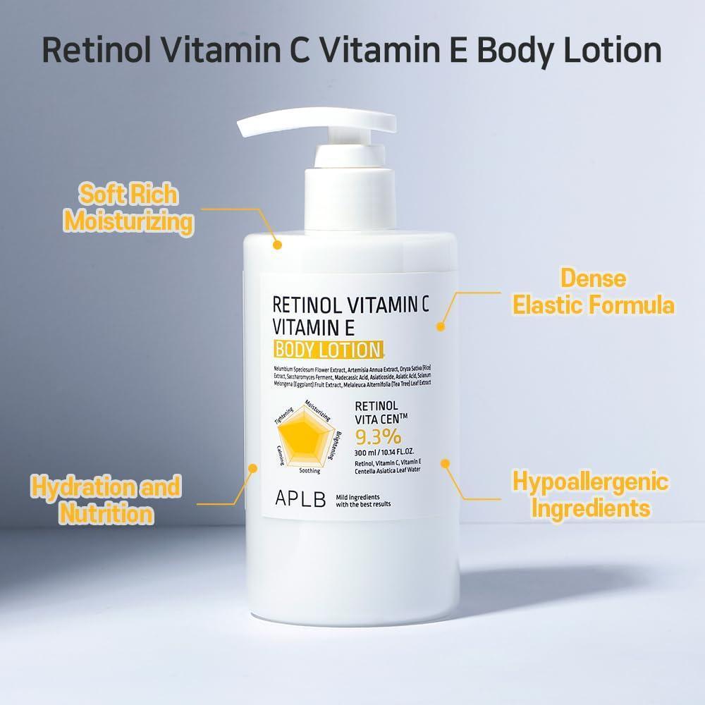 Loción APLB con Retinol, Vitamina C y E para cuidado de la piel, hidratación duradera y mejora de textura con Centella 3x