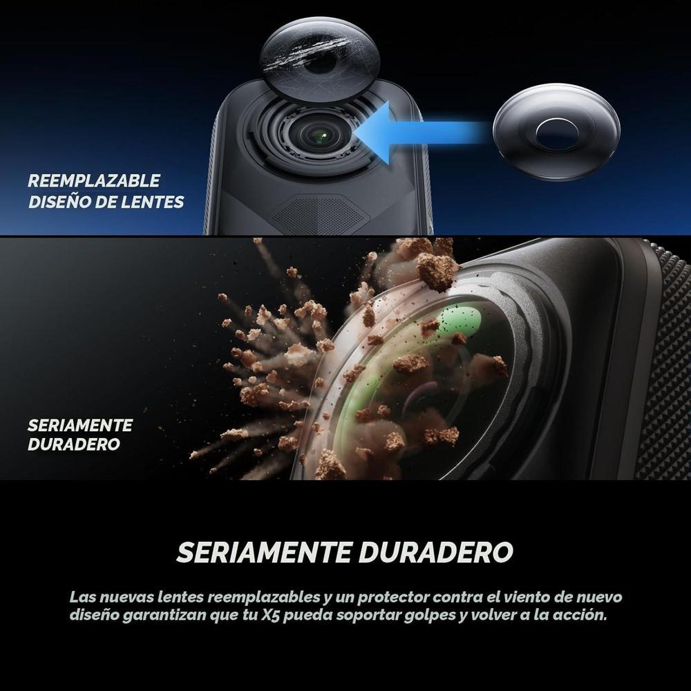 Cámara de acción Insta360 X5 8K sumergible con efecto selfie invisible, estabilización y lentes reemplazables