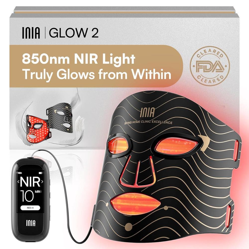 INIA Máscara de terapia de luz roja para cara, 4 modos de luz con NIR de 850 nm, terapia de luz LED roja y azul, máscara facial LED recargable de 2600 mAh para brillo radiante en casa, color negro