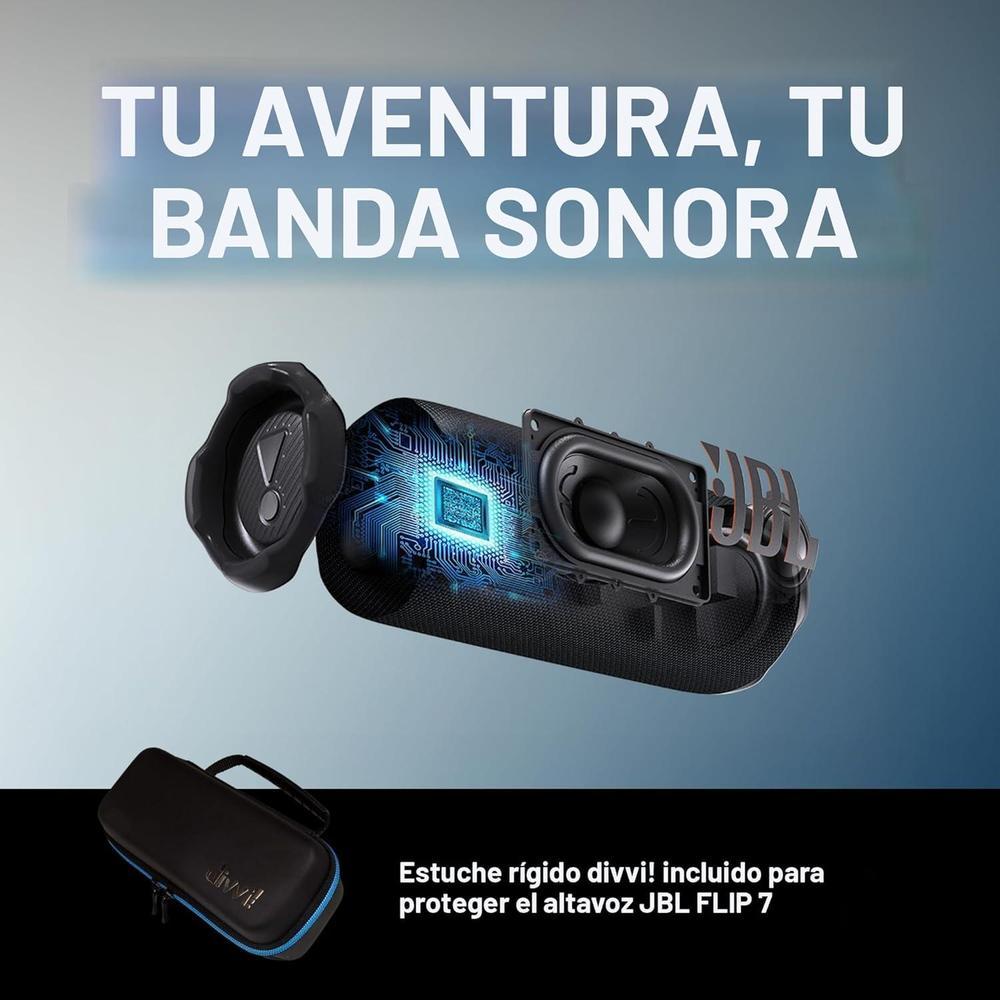 JBL Flip 7 Altavoz Bluetooth portátil con potente sonido y funda rígida protectora Divvi, impermeable y a prueba de golpes