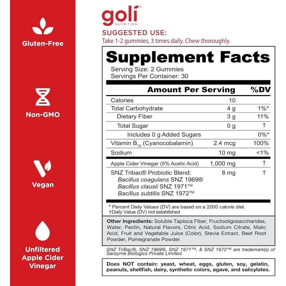 Goli Gummies: Vinagre de Manzana sin Azúcar con Vitamina B12 y Probióticos - Veganas, Keto y Sin Gluten