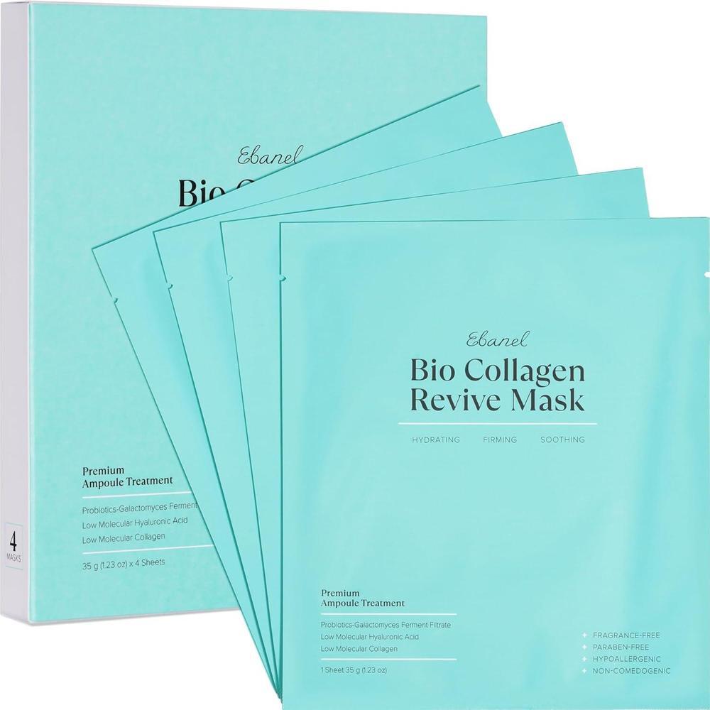 Ebanel Mascarilla Facial de Bio Colágeno, Paquete de 4 Mascarillas Faciales Hidratantes con 7 Péptidos, Ácido Hialurónico, Niacinamida, Centella, Agua de Rosas, Ceramida y B5, Mascarillas Coreanas en