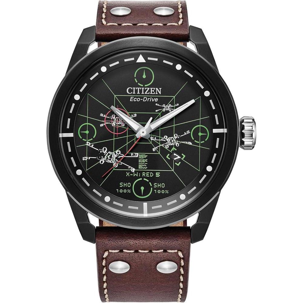 Citizen Men's Eco-Drive X-Wing and Tie Fighter, Ion-Plated Stainless Steel Case, Brown Leather Strap Watch (Model:AW1738-05W)