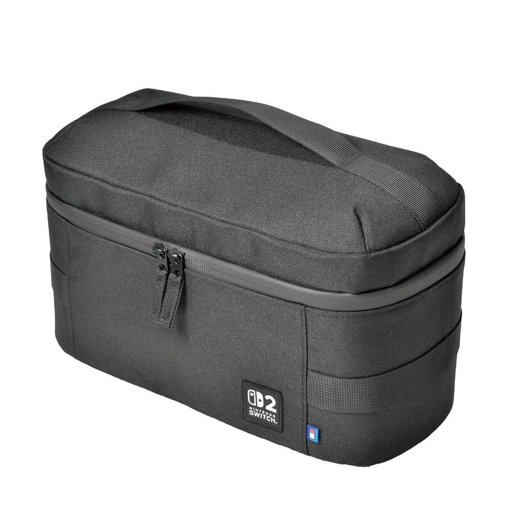 Bolsa de viaje HORI negra, equipada para transportar Nintendo Switch 2 y accesorios, con diseño elegante y robusto