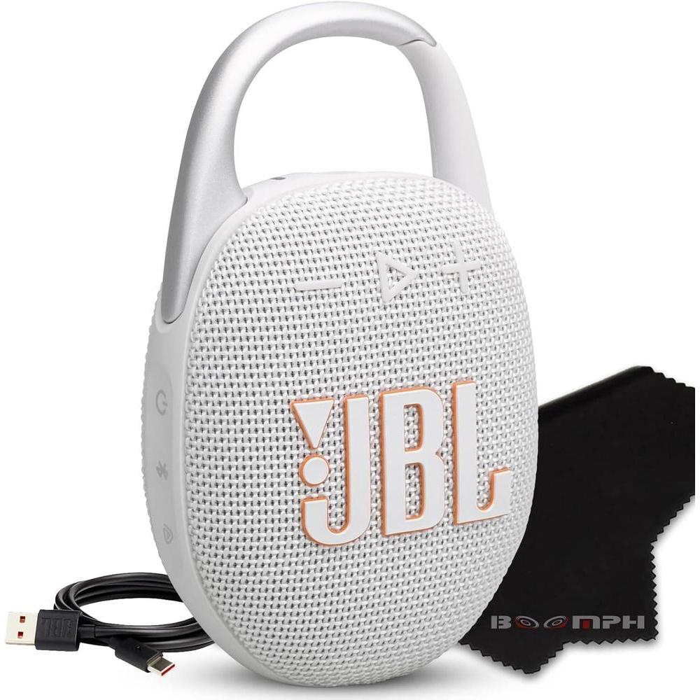 JBL Clip 5 Portable Bluetooth Speaker, IP67 Waterproof & Dustproof, Long-Lasting Battery - White - Boomph's Comprehensive Ultimate Performance Cloth Solution for Your On-The-Go Sound Experience