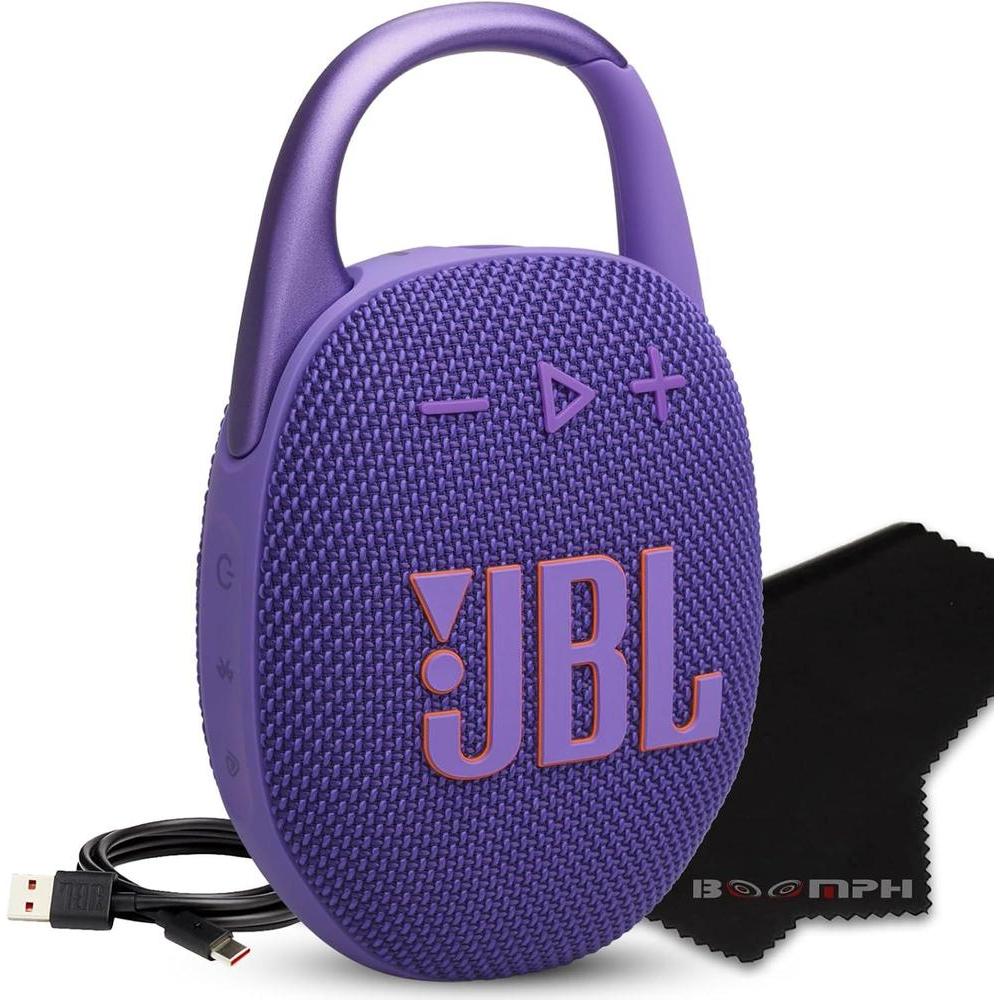 JBL Clip 5 Portable Bluetooth Speaker, IP67 Waterproof & Dustproof, Long-Lasting Battery - Purple - Boomph's Comprehensive Ultimate Performance Cloth Solution for Your On-The-Go Sound Experience