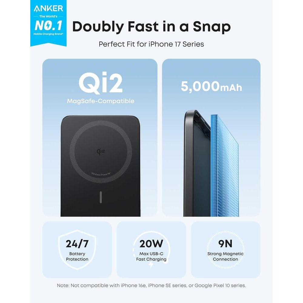 Anker Nano Power Bank con Batería Inalámbrica de Carga Magnética, Compatible con MagSafe, Certificado Qi2, Diseño Ergonómico