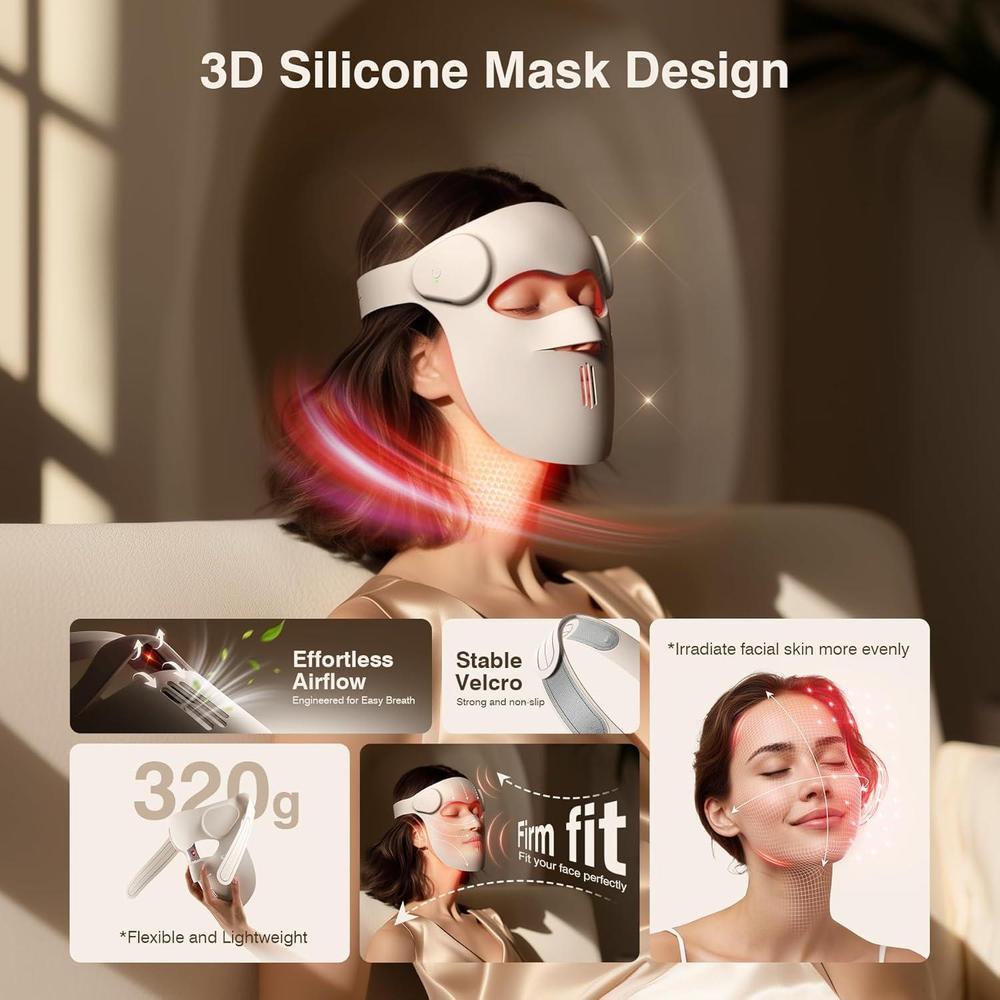 Máscara LED para terapia de luz roja inalámbrica, recargable, 9 modos, con ajuste facial 3D, mejora el cuidado de la piel en casa