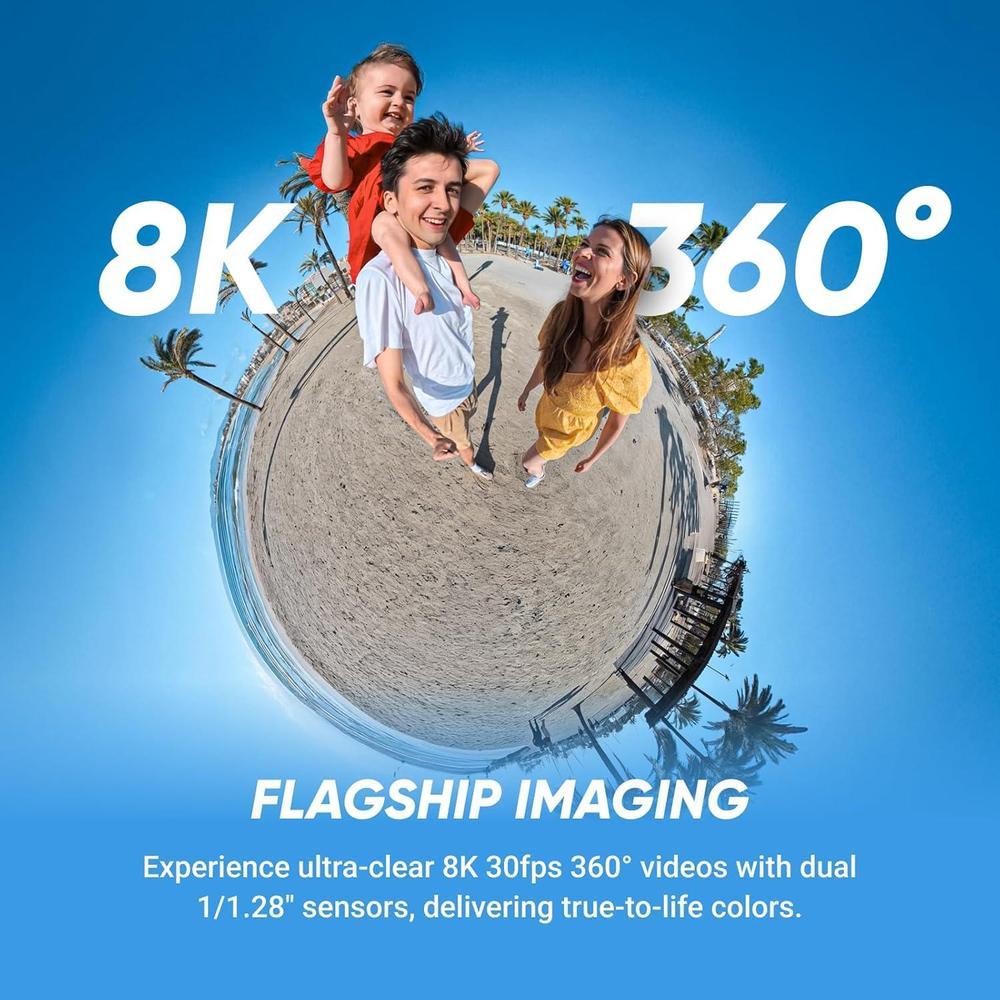 Insta360 X5 Starter Bundle - Cámara de Acción 8K 360° Impermeable, Selfie Stick Invisible, Lentes Reemplazables, Batería Extensa