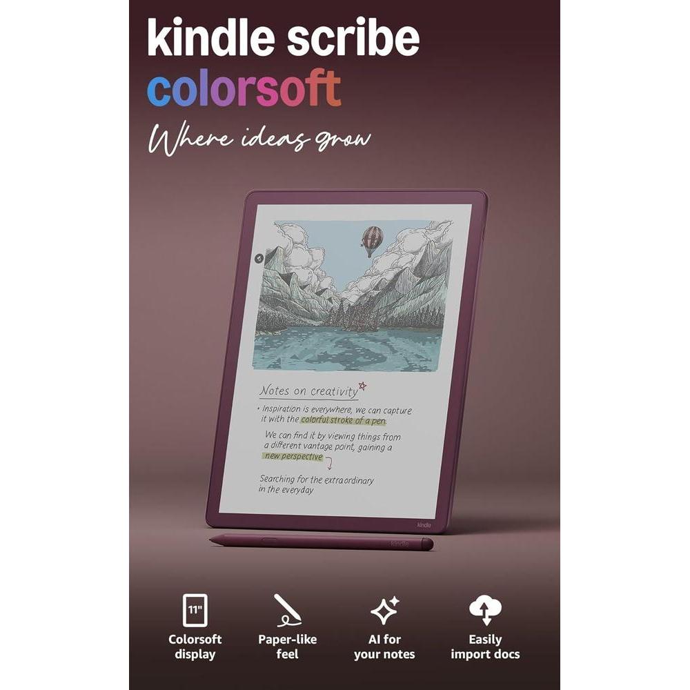 Amazon Kindle Scribe Colorsoft 64GB (newest model) — 11” paper-like color display with front light — Thin, light, powerful — Write in notebooks, documents, and books. Includes Premium Pen - Fig
