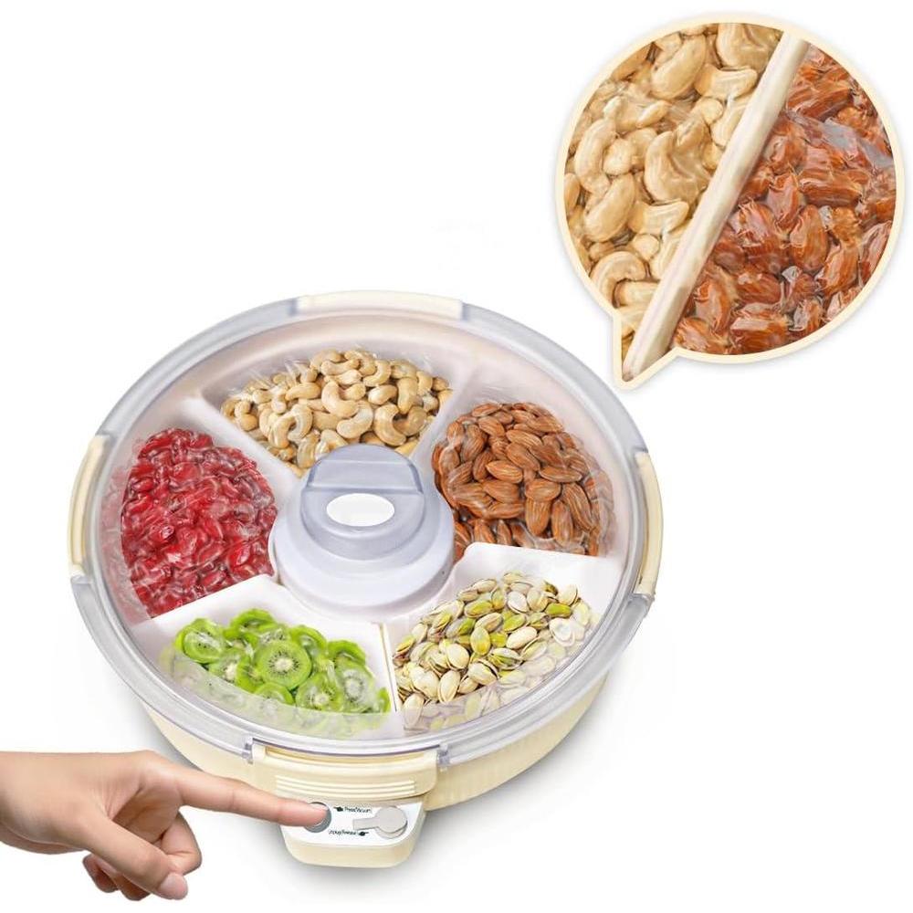MOJOCO Electric Vacuum Serving Tray - Divided Snack Tray with Lid for Nuts, Cereals, Candy - Battery Operated Snack Container for Parties, Events, Picnics - Snackle Box for Kitchen, Dorm, Apartment