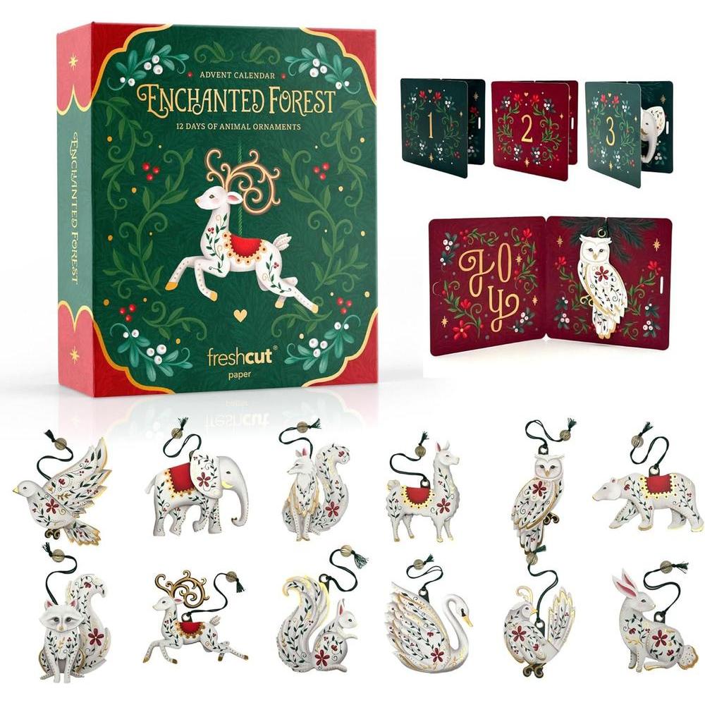 Freshcut Paper 2025 Advent Calendar, Enchanted Forest Christmas Ornaments, Pop Up 3D Greeting Cards, Paper Advent Calendar for Adults, Christmas Gifts, Holiday Cards with Blank Notecard & Envelope