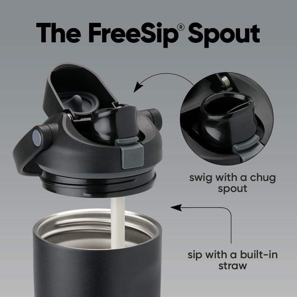 Botella de agua Owala FreeSip de acero inoxidable negro, aislamiento triple, con paja y tapa antifugas para deportes y viajes