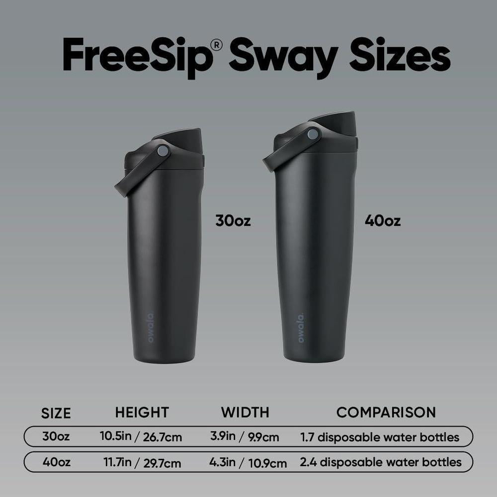 Botella de agua Owala FreeSip de acero inoxidable negro, aislamiento triple, con paja y tapa antifugas para deportes y viajes