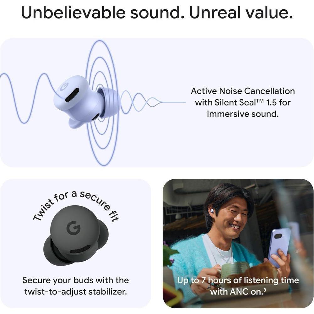 Google Pixel Buds 2a, audífonos Bluetooth inalámbricos con cancelación de ruido y modo transparencia, ajuste cómodo y resistente al agua