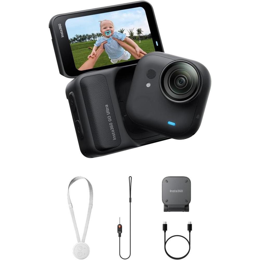 Insta360 GO Ultra - Small 4K Vlogging Camera, Hands-Free, POV Cam, 1/1.28" Sensor, 53g Lightweight, 156° FOV, 200 Min Battery Life, Magnetic Wearable Action Camera for Sports, Vlog，Midnight Black
