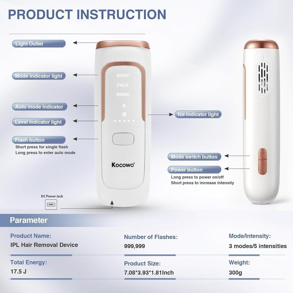 Depilación láser IPL para mujeres con enfriamiento de hielo, dispositivo eficaz y seguro en casa con 3 modos y 5 niveles de intensidad