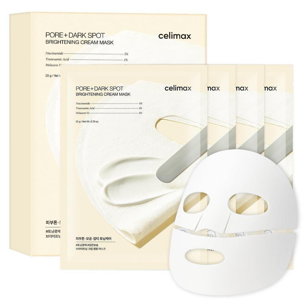 celimax Máscara de Crema Iluminadora de Poros y Manchas Oscuras 4EA | Hoja No Pegajosa para Poros Dilatados con Niacinamida, Ácido Tranexámico, No Irritante, Hidratante, Hiperpigmentación, Mascarilla