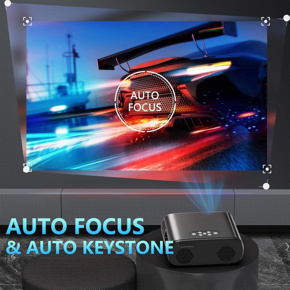 Proyector portátil 4K con auto enfoque, WiFi y Bluetooth, corrección de keystone, zoom 50%-100%, ideal para cine en casa y exterior