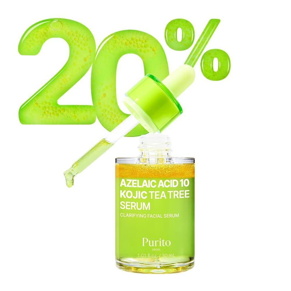 PURITO Ácido Azelaico 10% + Ácido Kójico + Suero Facial de Árbol de Té | para Acné y Marcas, Brotes | Alto Nivel de Ácido Azelaico 10% | Cuidado de la piel coreano, 30mL 1.01 fl.oz