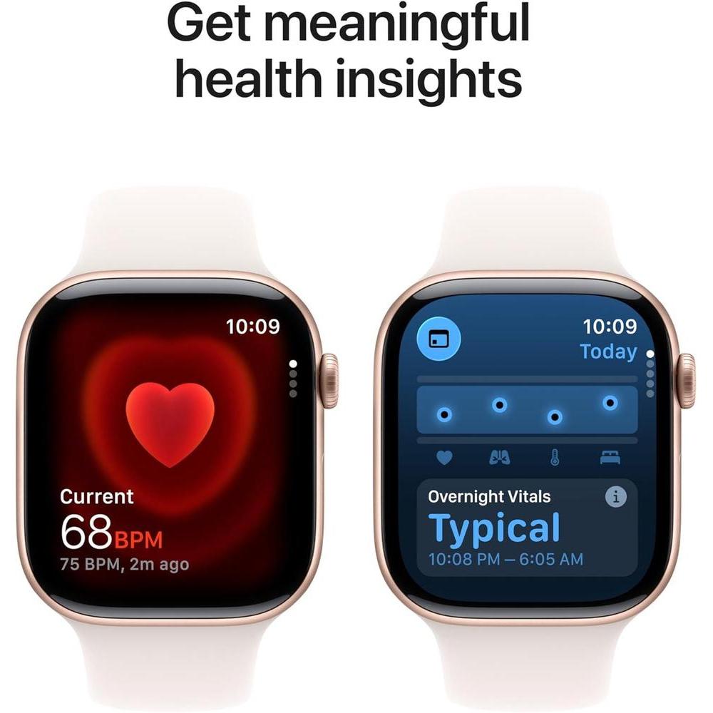 Apple Reloj inteligente Serie 11 GPS con caja de aluminio oro rosa y correa deportiva color rubor claro. Monitoreo de salud y fitness