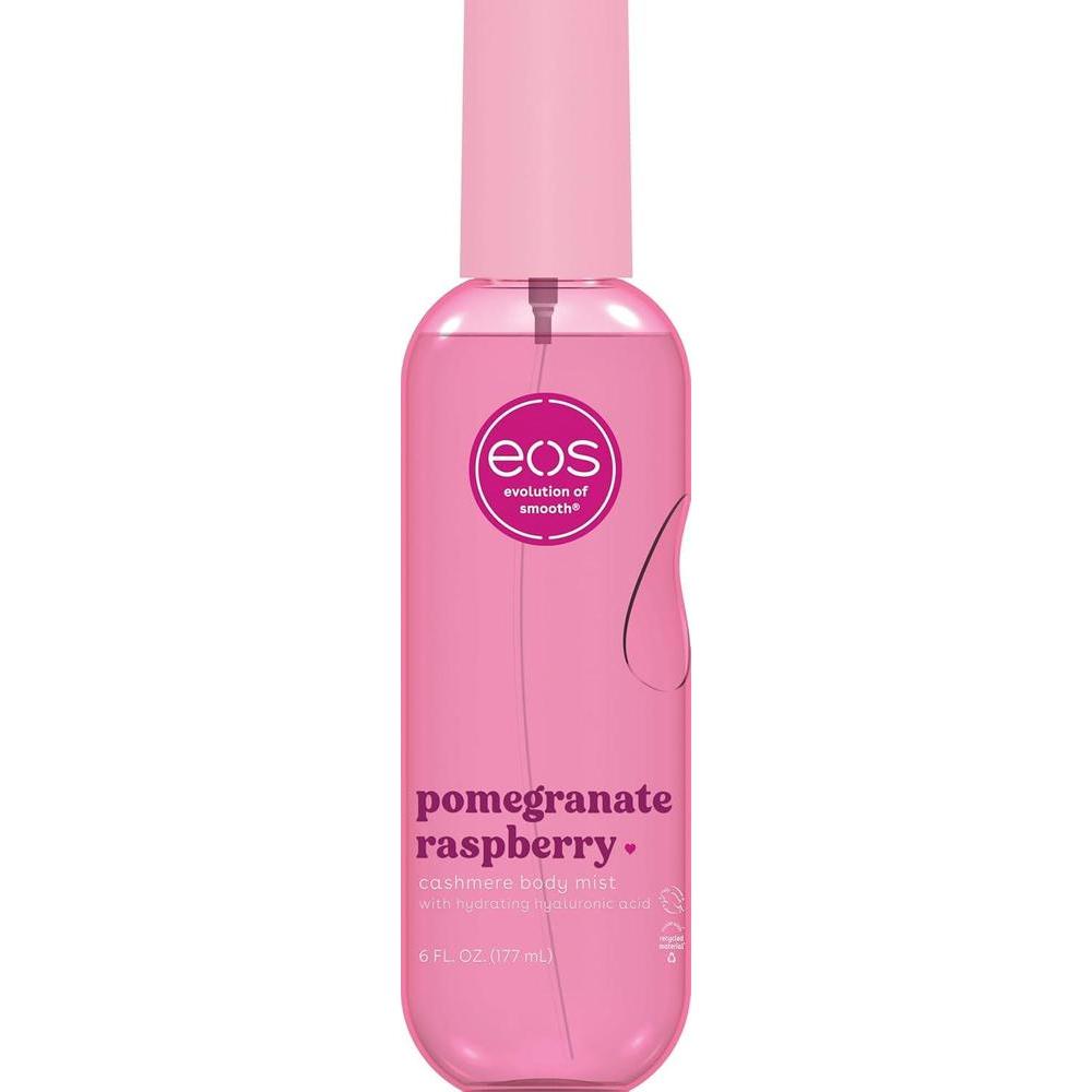 eos Spray corporal de cachemira, granada y frambuesa, spray corporal para mujeres, niebla para el cabello, afrutada, hidratante, ácido hialurónico, glicerina, vegano, libre de crueldad, 6 onzas