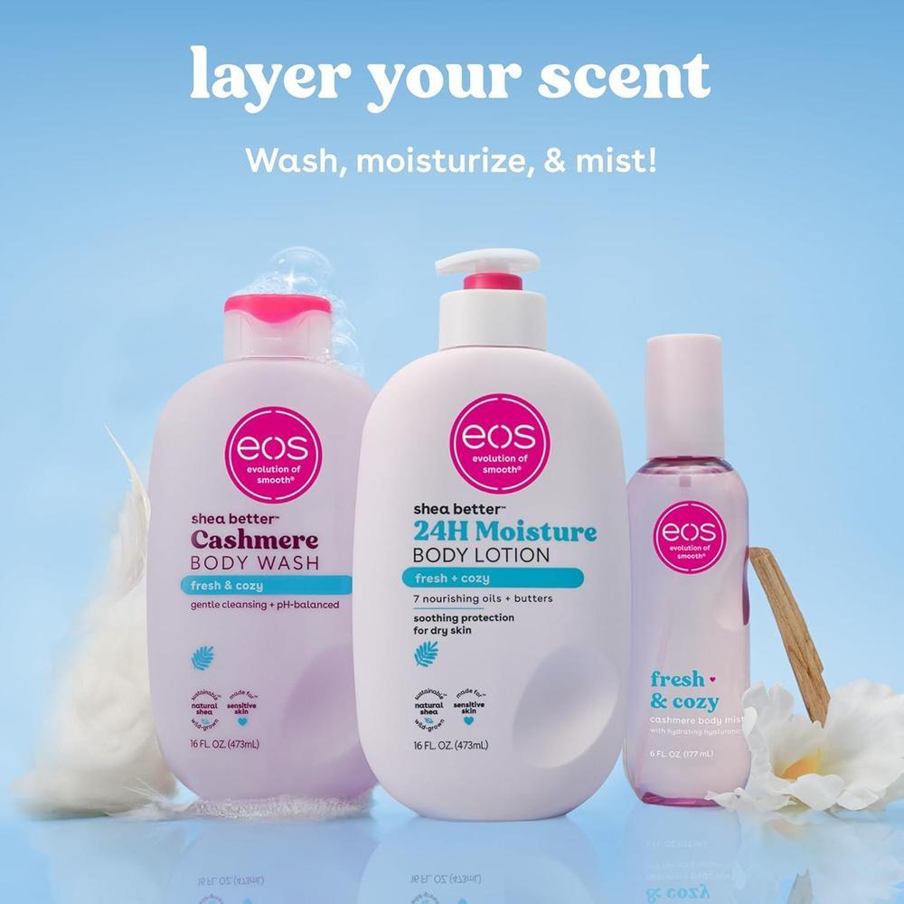 eos Spray corporal de cachemira, fresco y acogedor. Hidratante, vegano, libre de crueldad. Con ácido hialurónico y glicerina
