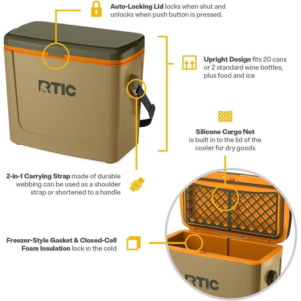 Enfriador portátil RTIC de 16 qt para exteriores, con correa y asa, ideal para playa, picnic, camping y viajes