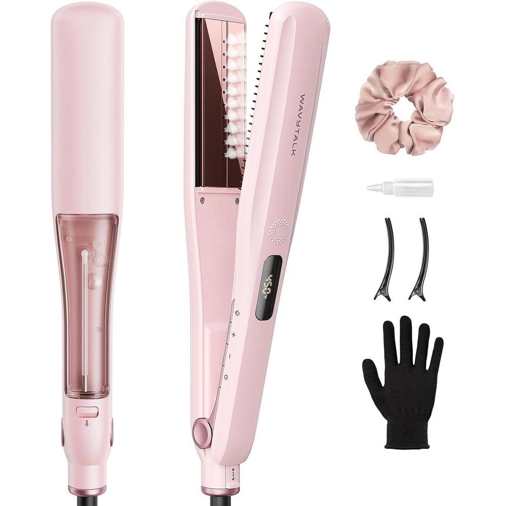 Wavytalk Plancha de pelo a vapor, sesión de vapor, reduce el daño, nutre el cabello y acelera el alisado, plancha plana de titanio nano de 1.38'' con peine desmontable para alisado sedoso, Rosa Sakura