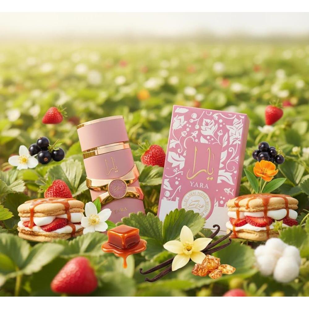 Lattafa Yara Elixir Eau De Parfum con deliciosas notas de fresa, grosella y un toque floral de jazmín y flor de naranja