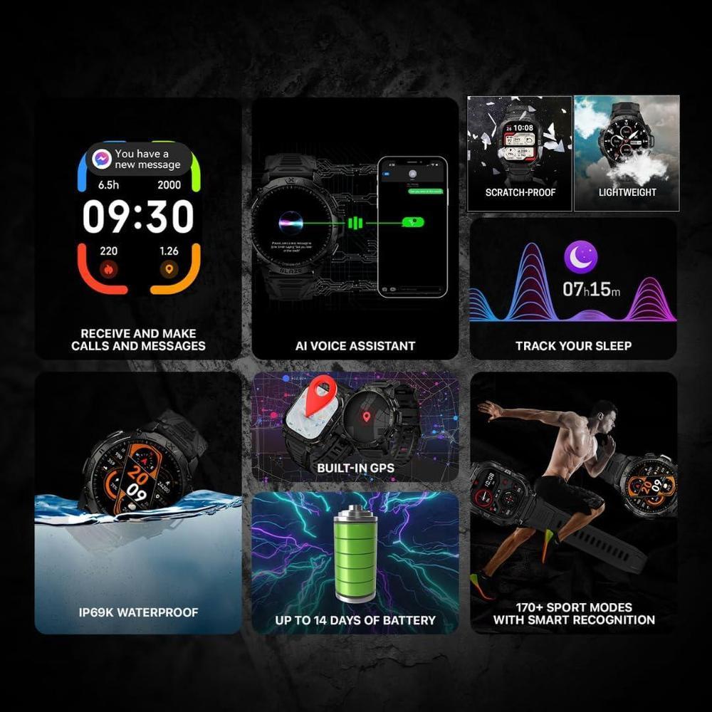 CARBINOX Blaze Smart Watch - GPS, 170+ modos deportivos, resistente al agua IP69K, compatible con Android/iOS, llamadas