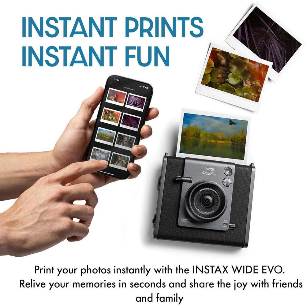 Fujifilm Instax Wide Evo Hybrid Instant Camera Bundle con funda, tarjeta de 32GB y más accesorios