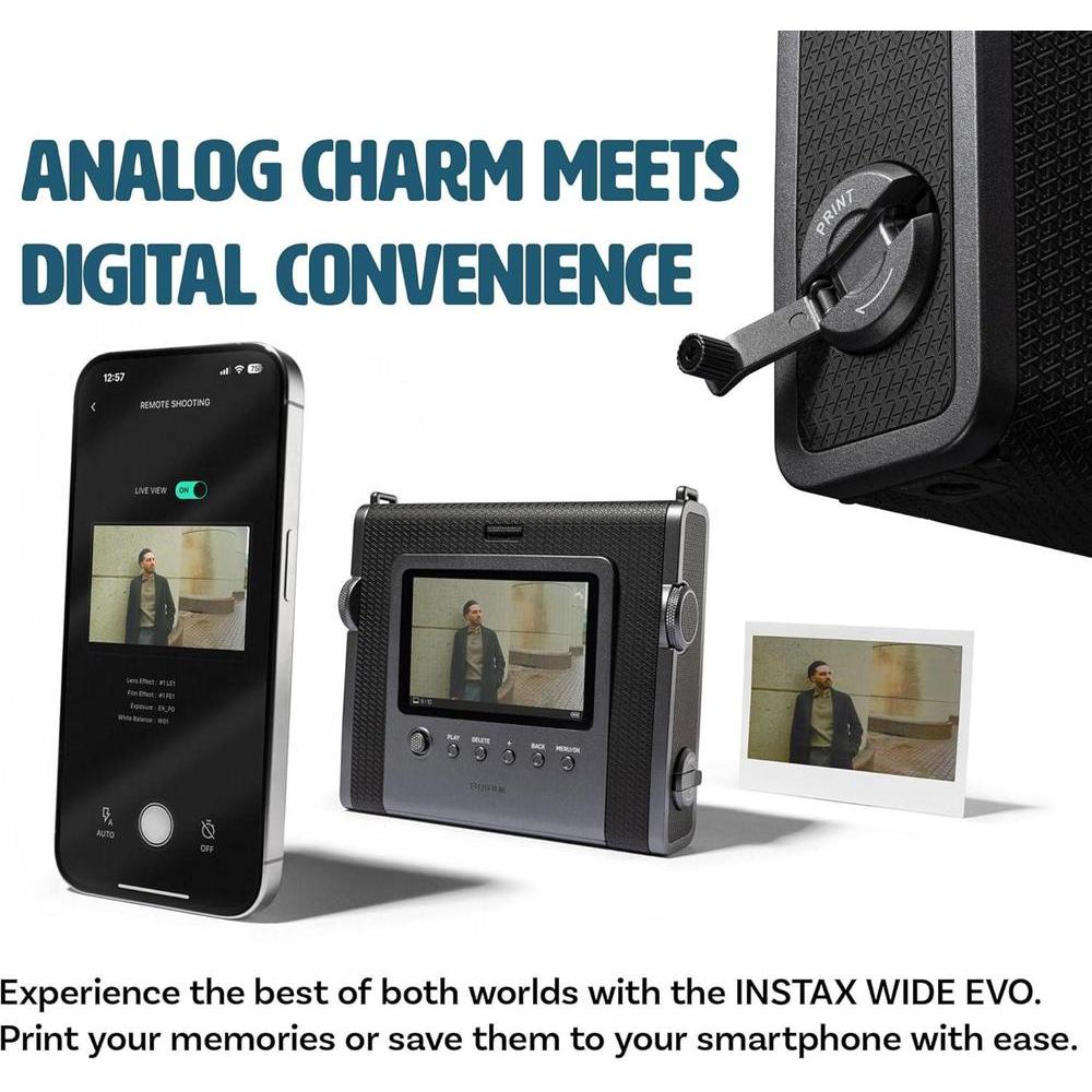 Fujifilm Instax Wide Evo Hybrid Instant Camera Bundle con funda, tarjeta de 32GB y más accesorios