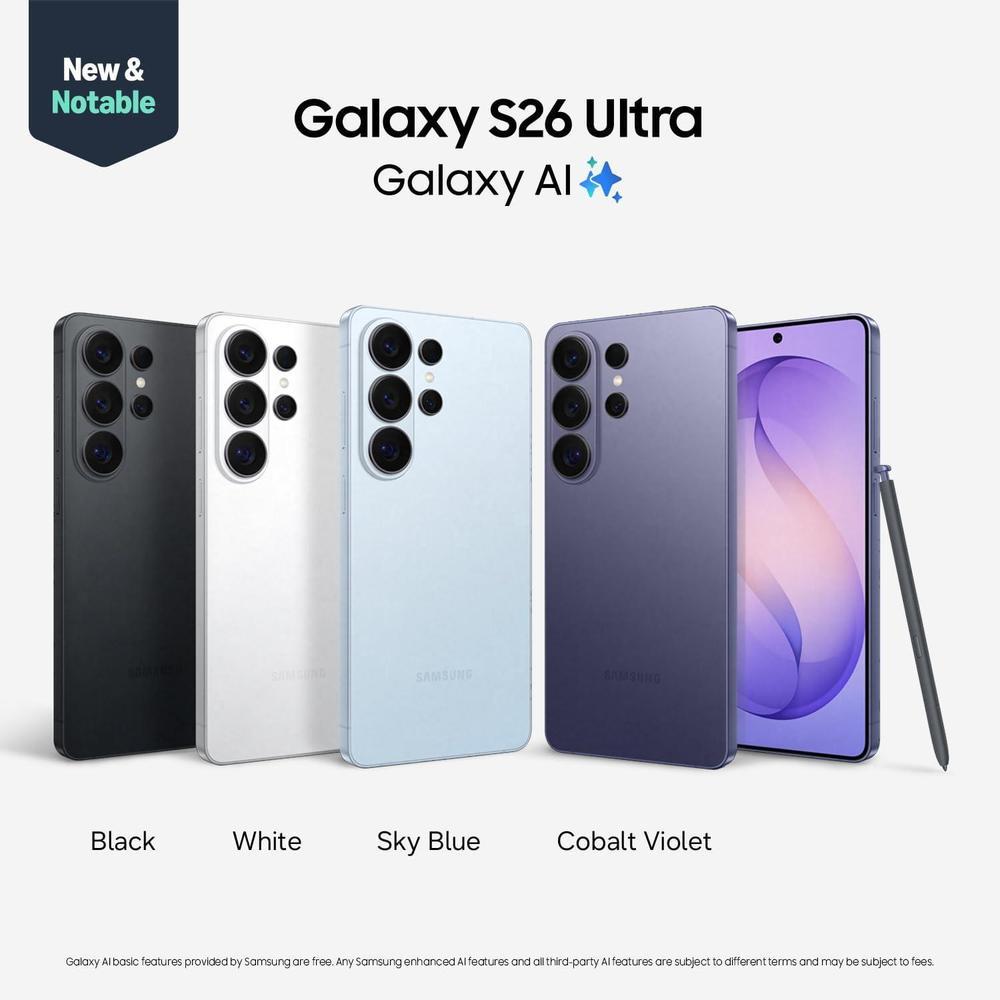 Samsung Galaxy S26 Ultra desbloqueado, Smartphone Android con 512GB, cámara AI, carga rápida, batería duradera, azul cielo
